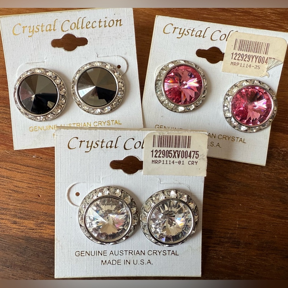 Lot of 3 Austrian Crystal Pierced Earrings Rhinestone Pink Clear Grey